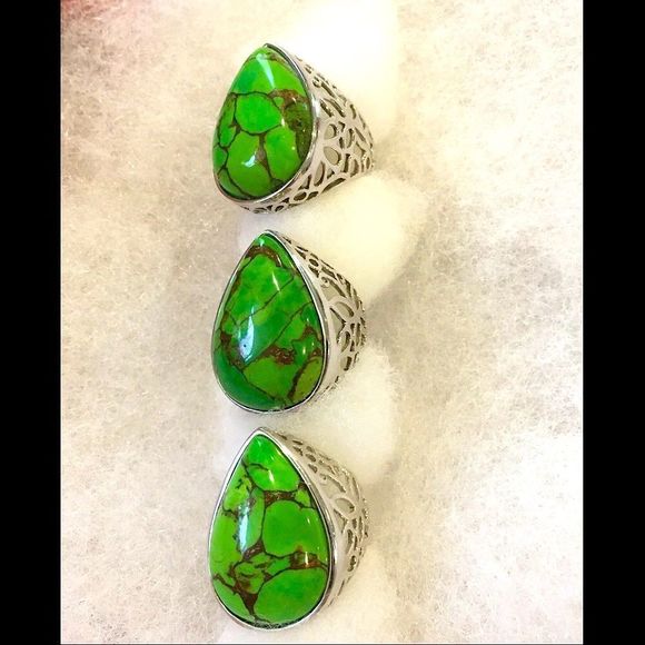 Green Turquoise Copper Infused Sterling Silver Open Work Ring Multiple Sizes - Picture 9 of 16